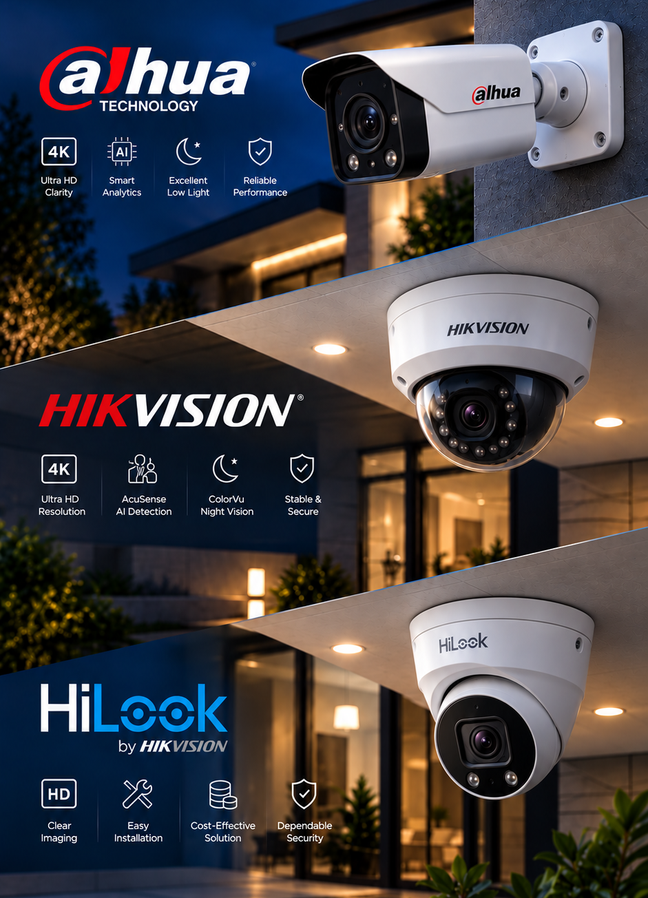 Commercial Dahua, Hikvision, and HiLook 4K security cameras professionally installed in Brisbane
